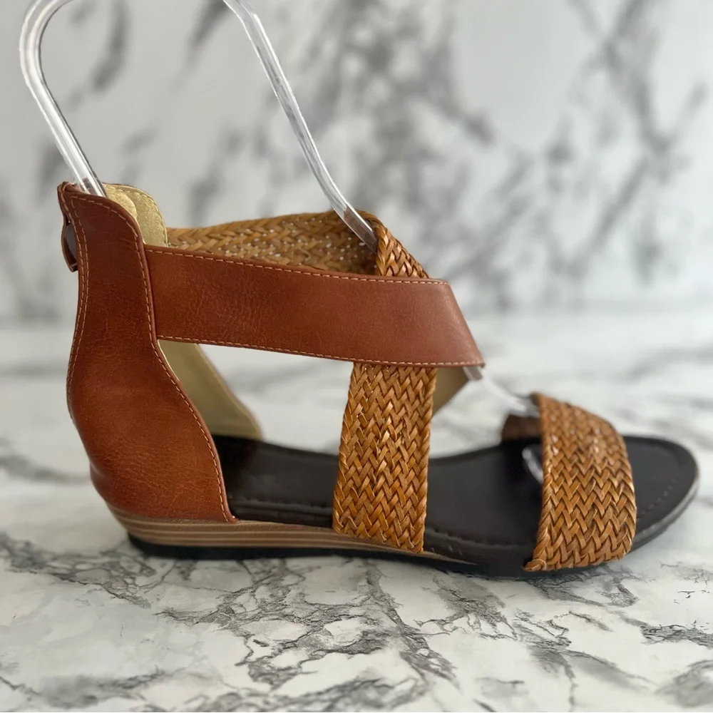 Sandals Gladiator Braided Faux Leather Cognac Casual Back Zipper Flat 10